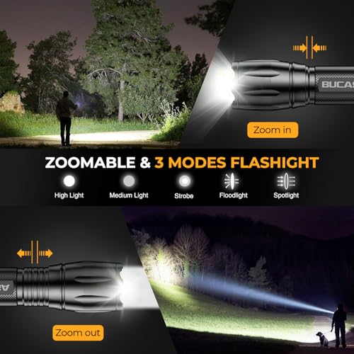 BUCASA Black Rechargeable Tactical Flashlights 3 Pack - High Lumens, Waterproof, Zoomable, Emergency & Camping Use