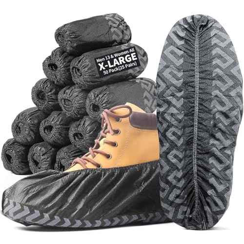 X-Large 50 Pack Shoe Covers Disposable Non-Slip, Black Non-Woven Fabric Boot Covers for Indoors Breathable Slip Resistant Durable Boot, Stretchable Fits Up to Size 13 US Men (Black, 50 Pack)