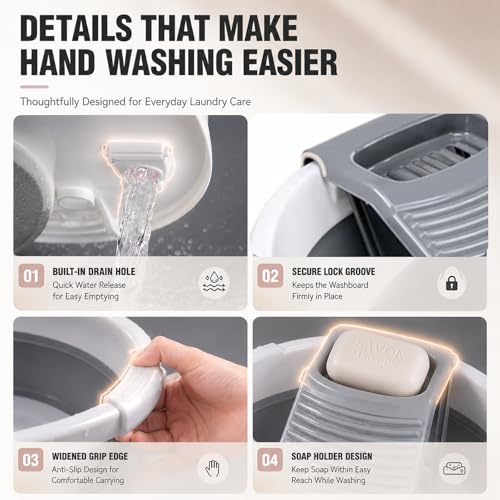 VEMJO Gray White 20x20 Inch Collapsible Laundry Basin with Detachable Washboard, 8 Gallon Capacity for Hand Washing, Camping & Small Spaces