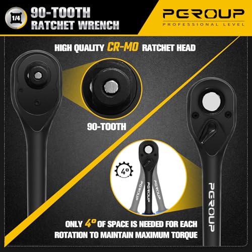 1/4" Drive 90 Tooth Ratchet Wrench, Quick Release Ratchet Wrench with Ergonomic Rubber Handle, 4-Degree Swing Reversible Ratchet, Chrome Alloy Made
