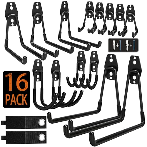 Steel Garage Storage Hooks - 16 Pack Anti-Slip Coating, Heavy Duty Wall Mount Hooks for Hanging Bike, Ladder, Garden Tools