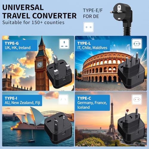 TREVOLTY Black 2000W Travel Voltage Converter for Hair Dryers, European Plug
