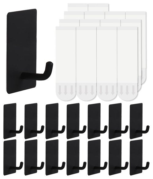 14 Pcs Towel Hooks with Removable Strips for Hanging, Adhesive Wall Hooks Heavy Duty, Outdoor No Damage, Sticky Hook for Bathrooms, Shower, Stockings, Decor, Robe, Small, Black 304 Stainless Steel