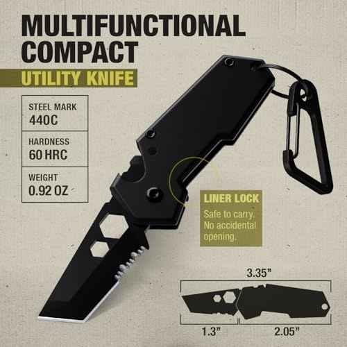 Mini Keychain Knife with Carabiner - 1.3" Tanto Serrated Blade - 6 in 1 Black Multitool - Bottle Opener Box Cutter Liner Lock - EDC Gadgets - Legal Folding Small Pocket Knives for Men Women Gifts 2248