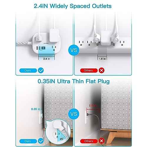 Cruise Essentials 2025,One Beat Travel Power Strip with USB C,Flat Plug Extension Cord with 3 Outlets 4 USB Ports(2 USB C),5 ft Desk Wall Outlet Extender,Non Surge Protector for Cruise,Dorm Room,ETL