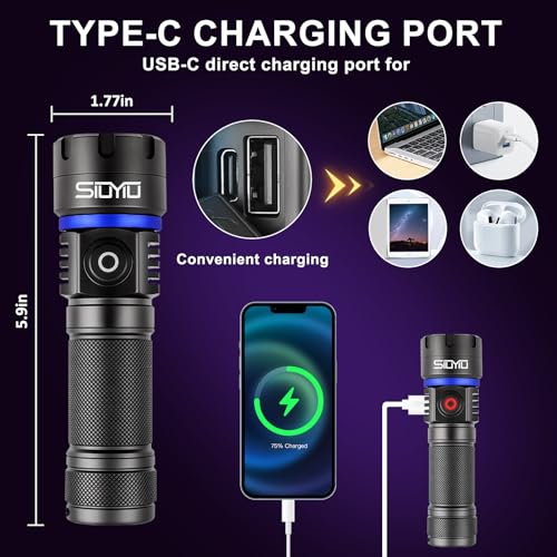 365nm UV-Flashlight Blacklight, 60W 6*LED Beads, 5000mAh Rechargeable Black Light, IP65 Waterproof Blacklight Flashlights for Pet Urine Detection, Resin Curing, Rock Hunting, Mineral Detection