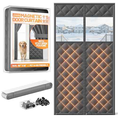 Magnetic Insulated Door Curtain Fits 48"x80" Doors - Thermal Door Cover for Winter with Clear Window, Window Insulation Kit & Doors Draft Stopper to Keep Cold Air Out for Front Doorway Home - Black