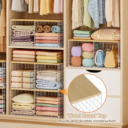 Stackable Closet Organizers with Wood Top - 2 Pack, Space-Saving Shelf Bins
