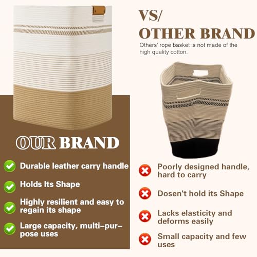 85L Jute & White Laundry Hamper with Leather Handles – Tall Rectangle Cotton Rope Storage Basket