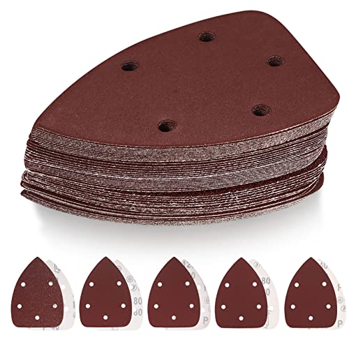 50 Pcs Mouse Detail Sander Sandpaper, 40/80/120/180/240 Grit Hook and Loop 140mm Mouse Sander Pads, Sander Replacement Pads, Assorted Triangle Sandpaper for Detail Mouse Sander