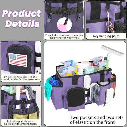 Wearable Cleaning Caddy Bag, Cleaning Organizer with Handles, Cleaning Supply Tote with Adjustable Shoulder Strap for Cleaners & Housekeeper (Purple, 13.4'' x 7.3'' x 9.3'')