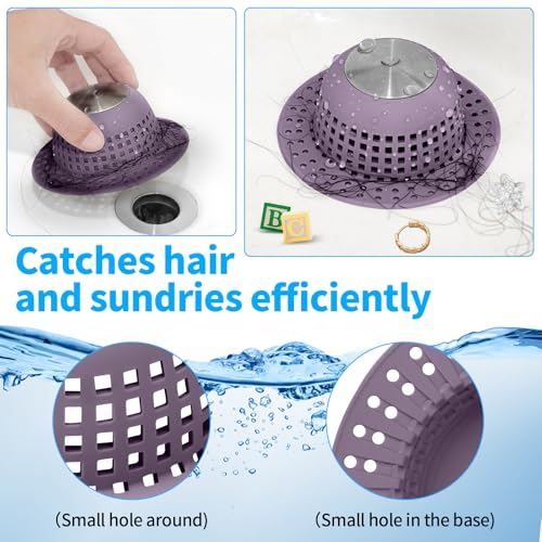 Aluvor Shower Drain Hair Catcher with Silver Purple Silicone Cover - Fits Most US Drains