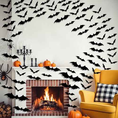 120Pcs 3D Bat Wall Stickers for Halloween Decorations Halloween Party Favors D?cor Accessories Supplies PVC Wall Decal Bat Stickers Indoor Outdoor Window Kitchen Home Decorations DIY Craft