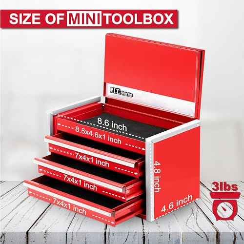 P.I.T. Mini Red Tool Box, Portable 3 Drawer Steel Stackable Tool Box with Magnetic Tab Locking, Red Micro Top Chest with Liner for Tools Storage and Organizers, Home DIY