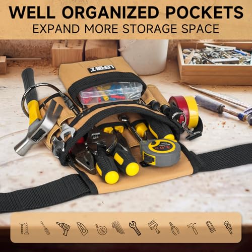LEFOR·Z Black & Brown 14-Pocket Magnetic Tool Belt with Detachable Pouch for Electricians & Construction