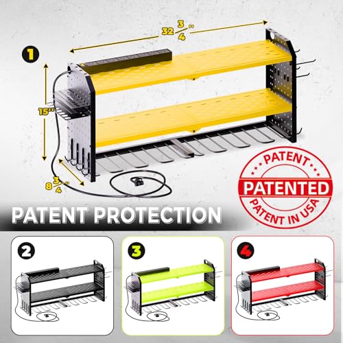 KAFAHOM Power Tool Organizer with Charging Station, Built in 8 Outlet Power Strip,Large 8 Drill Holder Wall Mount, Heavy Duty Metal Power Tool Storage Rack Tool Shelf for Garage Organization Black