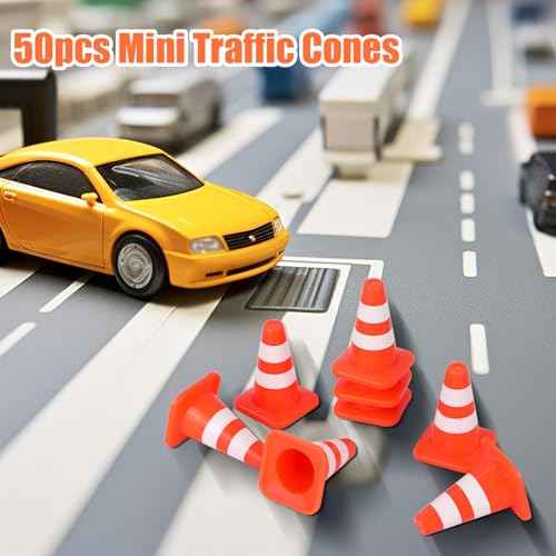 50pcs Mini Traffic Cones, Plastic Miniature Road Safety Cones Training Small Sports Construction Barricades Mini Road Practice Signs Toy Orange Traffic Caution Signs for Micro Landscape Sand Table