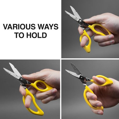 Klein Tools 26001 Electrician Scissors, Made in USA, 6.75-Inch All-Purpose Heavy-Duty Snips, Cable Cutting Notch, Serrated Blades, Deburr Notch, Wire Stripper