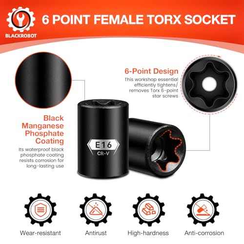 BLACKROBOT E Torx & Star Socket Set With Rail, 11-Piece Female External Sockets, 3/8" 1/4" Drive Precision Torque Inverted Torx Kit, E4 E5 E6 E7 E8 E10 E12 E14 E16 E18 E20 Reverse Socket