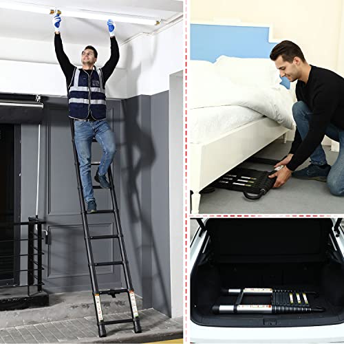 RIKADE 20.3 FT Aluminum Telescoping Ladder with Detachable Hooks, Black, Lightweight Collapsible Extension Ladder for Roof & RV