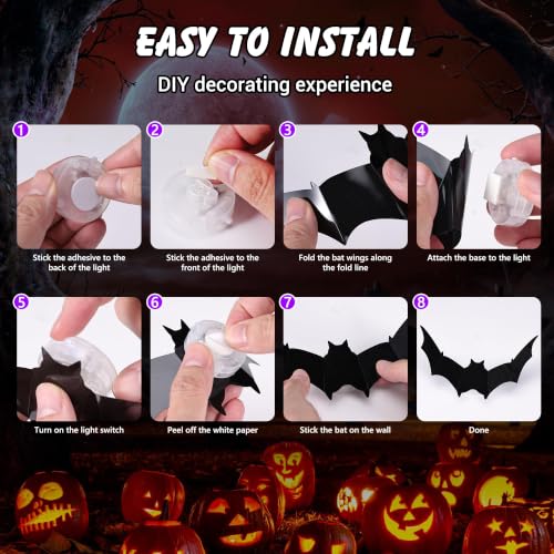 Purple LED 3D Bat Set for Halloween Decorations - 36 pcs, 5 Sizes & 4 Shapes