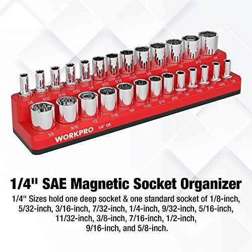 WORKPRO Magnetic Socket Organizer, 1/4-Inch SAE Socket Holder, Trays Hold 26 Standard & Deep Sockets