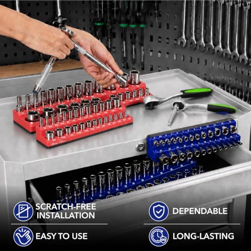 Bates Choice 6-Pack Magnetic Socket Organizer Set, 1/4, 3/8 & 1/2 in Drive (Red & Blue) — 143 Slots