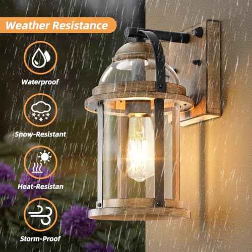 OKELI Dusk to Dawn Outdoor Wall Sconce Waterproof Lighting Fixture, Rustic Farmhouse Wall Sconces with Clear Glass Shades, Rust Resistant Exterior Lights for Patio Front Porch(Wood Grain, 1 Pack)