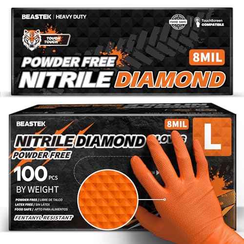 Beastek Nitrile Disposable Gloves, 8Mil Latex & Powder Free Chemical Resistant Heavy Duty Cooking Diamond Glove Orange 100Pcs