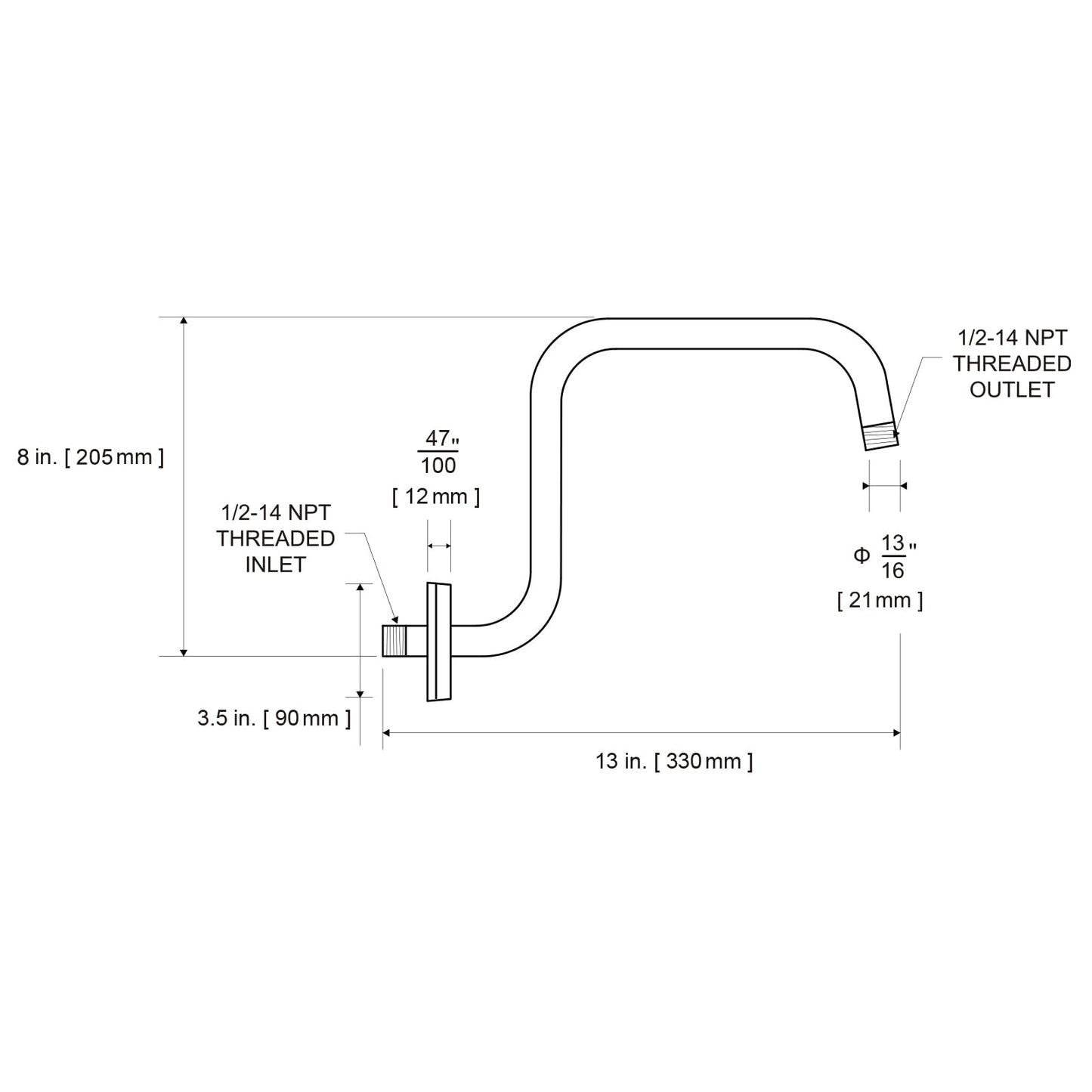 OFFO Shower Head Extension Arm 13 in, S Shaped High Rise Extender with Flange Shower Head Pipe Arm, Matte Black