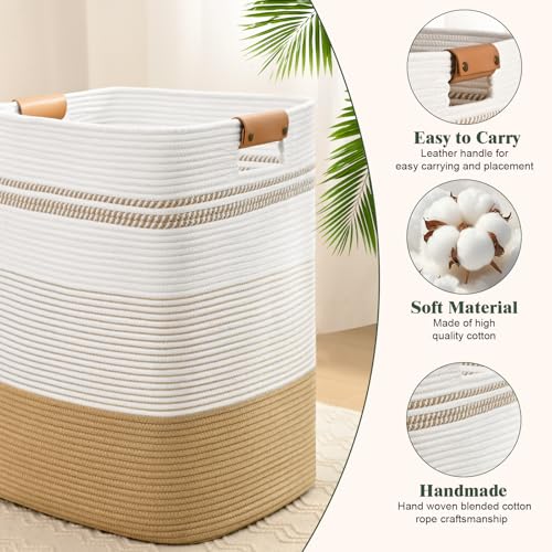 85L Jute & White Laundry Hamper with Leather Handles – Tall Rectangle Cotton Rope Storage Basket