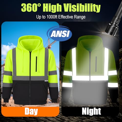 HYCOPROT High Visibility Safety Hoodie Hi Vis Safety Sweatshirts Fleece Reflective Work Jacket for Men Women ANSI Class 3