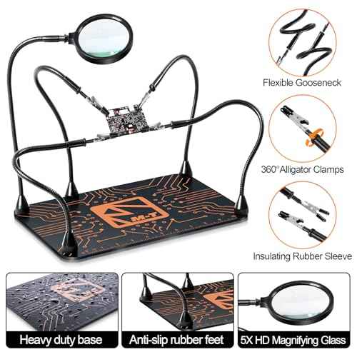 M-T Helping Hands Soldering Station, Magnetic Third Hand Tool PCB Holder with 5X Magnifying Glass 13x9 IN Non-Slip Steel Weighted Base 4 Arms for Electronic Repair Soldering Jewelry Crafts and Welding