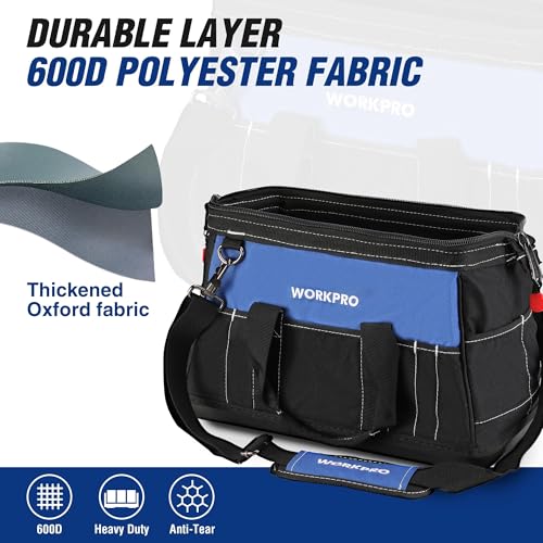 WORKPRO 16-inch Wide Mouth Tool Bag with Water-Proof Molded Base, Blue & Black