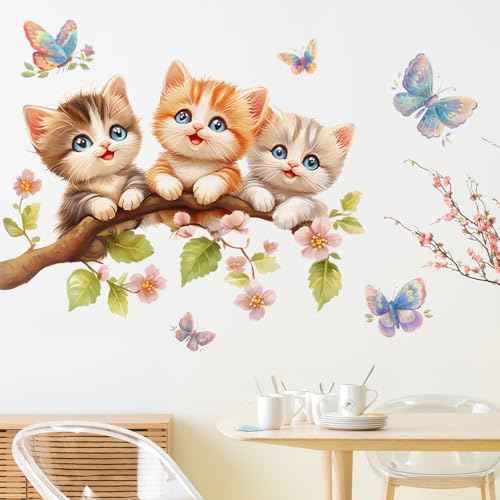 Removable 3 Cute Cats On The Tree Branches Wall Decals DIY Flowers and Green Leaves Wall Decals Peel and Stick Colorful Butterfly Art for Kids Bedroom Living Room Decor (A)