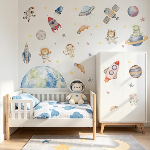 Space Animal Wall Decals for Kids Bedroom - 39x12 Inch Peel & Stick Decor