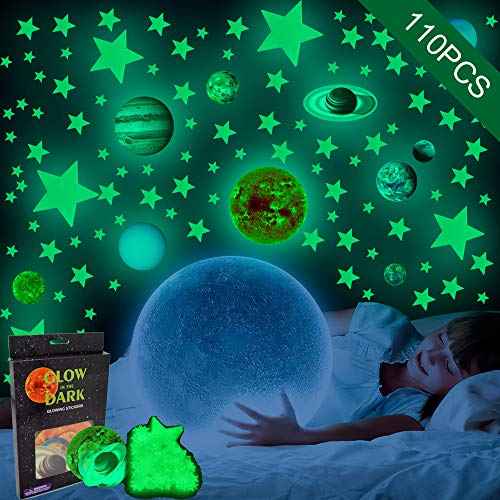 Glow in The Dark Stars and Planets Solar System Wall Decals, 110PCS Glowing Ceiling Spaceship Stars Wall Stickers, Best Gift for Kids Bedding Room Nursery Home Decoration Party Birthday(Small Size)