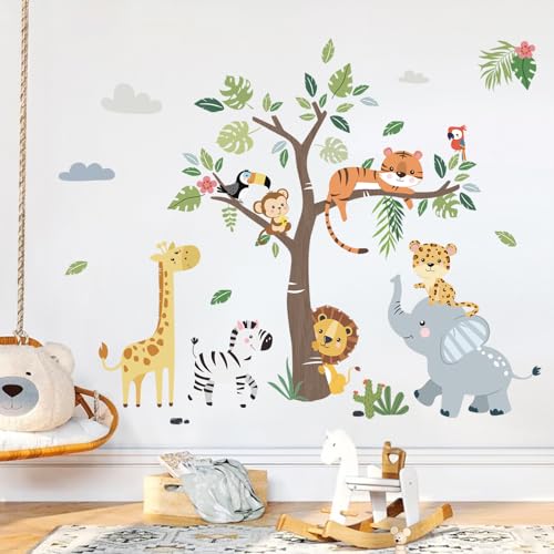 Decalmile Jungle Animals Tree Wall Decals Nursery Decor - Variation C