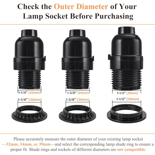 DiCUNO Black E26 Lamp Shade Ring Set 34mm & 39mm Inner Diameter - 4 Pack, Includes 1-3/8" & 1-1/2" Sizes
