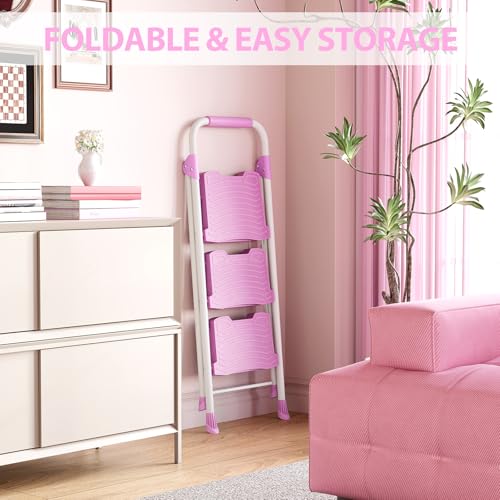 KINGRACK Pink 3-Step Ladder with Handrail, Anti-Slip Wide Pedals, 900lbs Capacity, Foldable Household & Garage Step Stool