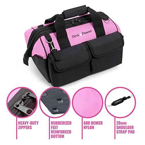 Pink Power Pink Tool Bag for Women -16" Tool Tote Bag w/ 22 Storage Pockets - Womens Small ToolBag Ladies ToolBox for Hand Tools, Power Kits & More - Womens Zipper Toolbag Caddy Organizer