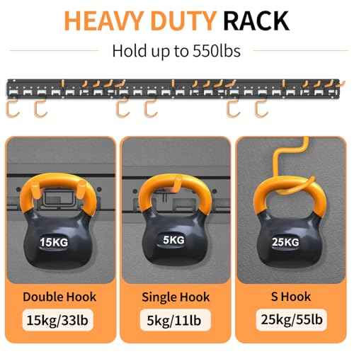 Garden Tool Organizer Wall Mount - Garage Storage and Organization Yard Tool Hanger with Adjustable Pegboard Hooks Shed Rack for Broom Mop Shovel Rake Trimmers, 48 inch Max 550lbs, Black