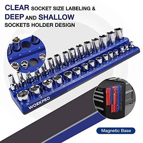 WORKPRO Magnetic Socket Organizer Set, 4-Piece Socket Holder Set Includes 1/4", 3/8" Drive Metric & SAE Socket Trays, Holds 108 Pieces Standard and Deep Size Sockets (Sockets not Included)