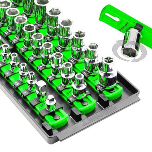 Ernst 18-Inch Socket Boss 3-Rail Twist-Lock Tray, Green – Holds 57 Sockets SAE/Metric