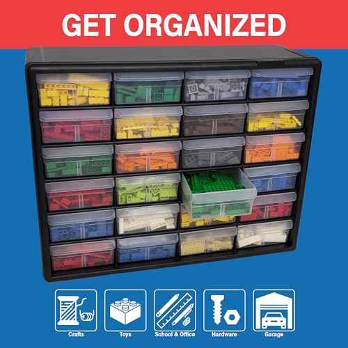 Akro-Mils 24-Drawer Plastic Drawer Storage Cabinet for Garage Organization, Bead Organizer, Building Bricks Storage, Teacher Toolbox, Makeup Organizer, 20" W x 6" D x 16" H, 10124 Black