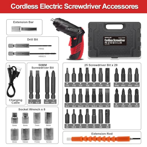 AFNZTME Red Cordless Power Screwdriver Kit with 46 Bits, LED Light, Pistol Handle