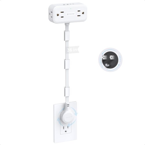 TROND 360° Rotating Plug Outlet Extender 36 in - Flexible Extension Cord, Multi Plug Wall Outlet Splitter Surge Protector, 4 AC 4 USB, Mountable for Hard Reach Socket in Bedroom Home Office, White