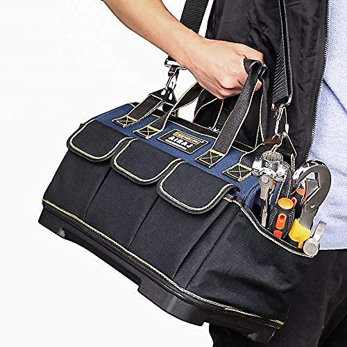 AIRAJ Tool Bag 16 Inch,Wide Mouth Tool Bags for Men Heavy Duty With Waterproof Molded Base,Tools Organizer for Home Repairs,Garage Storage,Professional Work,Adjustable Shoulder Strap,Blue