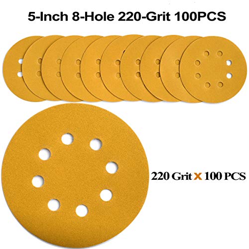 Aiyard 100-Pack 5-Inch 220 Grit Hook and Loop Sanding Discs with 8 Holes