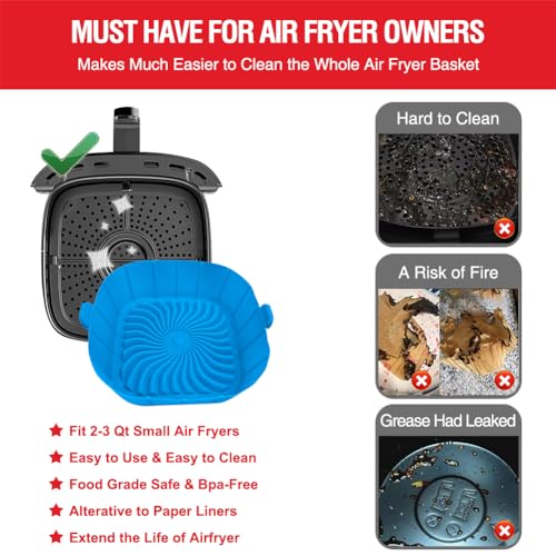 Xabzhzn 2 Pack Air Fryer Silicone Liners for 2-3 Qt Small Fryers, Blue & Black